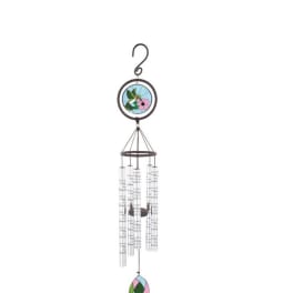 Hanging wind chime with a floral painted top and colored bottom pendant