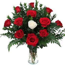 Red and white roses in a clear glass vase
