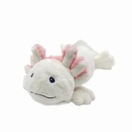Plush white and pink stuffed animal with a smiling face