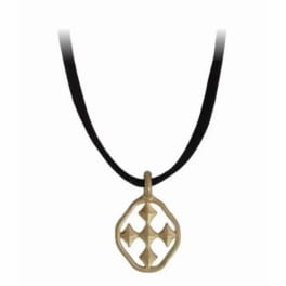 Black cord necklace with a gold pendant on a white background