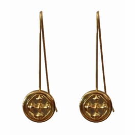 Pair of gold button-style earrings with long hooks