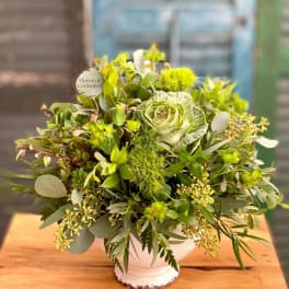 Green floral arrangement in a white vase with cabbage rose and mixed foliage