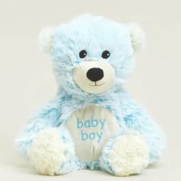 Blue teddy bear with "baby boy" text on its belly