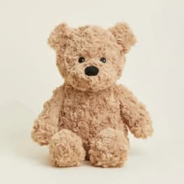 Plush teddy bear sitting against a plain light background