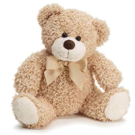 Plush teddy bear with a beige ribbon bow