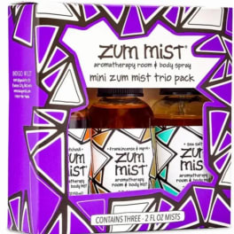 Boxed trio pack of Zum Mist room and body sprays in purple packaging
