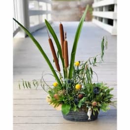 Tall arrangement with cattails and mixed greenery in a low container