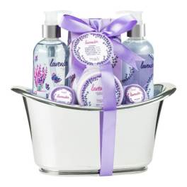 Lavender bath gift set in a silver bucket with a purple ribbon