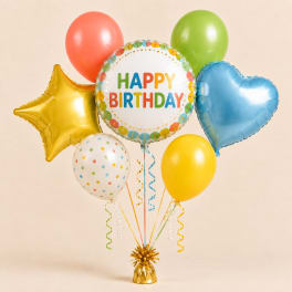 Birthday balloon bouquet with a central "Happy Birthday" balloon and colorful foil balloons