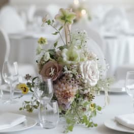 Low floral centerpiece with pale roses and green blooms on a white table