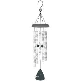 Hanging metal wind chime with clear tubes and a dark clapper