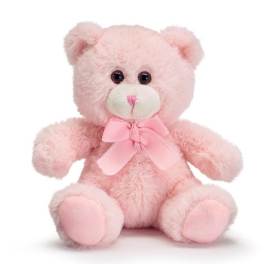 Pink plush teddy bear with a ribbon bow