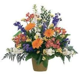 Mixed bouquet of orange, purple, white, and pink flowers in a basket