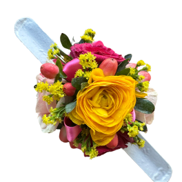 Bright mixed flower wrist corsage with yellow rose and pink accents