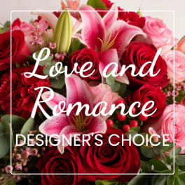 Red roses and pink lilies arranged with greenery and text overlay