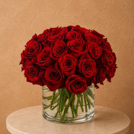 Red roses arranged in a clear glass vase