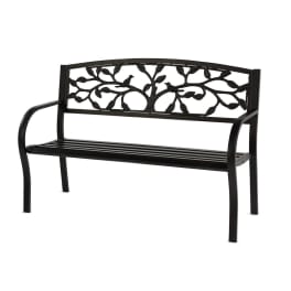 Black metal bench with a decorative tree-and-bird backrest
