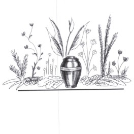 Black-and-white floral sketch with a vase and tall stems
