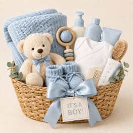 Baby gift basket with a teddy bear, blue clothing, and care items