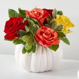 Mixed roses in a white pumpkin-shaped vase