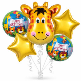 Birthday balloon bouquet with a giraffe face, stars, and two animal-print balloons