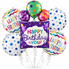 Cluster of colorful birthday balloons with "Happy Birthday" text