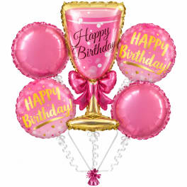 Pink birthday balloon bouquet with a gold champagne glass balloon