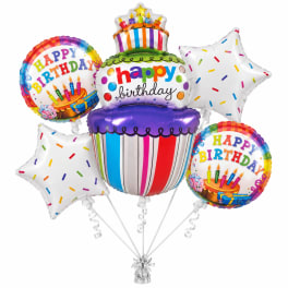 Birthday balloon bouquet with cake and star-shaped balloons