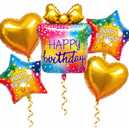 Cluster of birthday balloons in star, heart, and gift shapes
