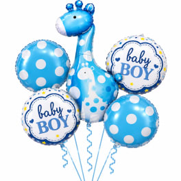 Blue baby boy balloons with polka dots and a giraffe-shaped balloon