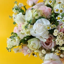 Bouquet of white and blush roses with small white daisies