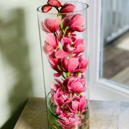 Pink orchid blooms arranged in a tall clear glass cylinder