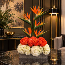 Tropical floral arrangement with orange bird-of-paradise and red and white blooms in a rectangular container