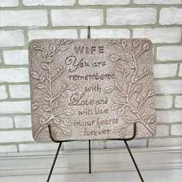 Decorative memorial plaque on a metal stand with the words "WIFE" and a remembrance message