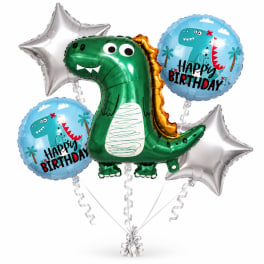 Dinosaur birthday balloon bouquet with silver stars