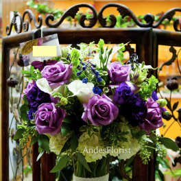 Jasmine - Lavender Roses, Calla Lillies, Mixed green and blue flowers