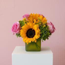 Sunflowers and pink roses arranged in a green square vase