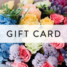 Gift card over a colorful collage of roses and hydrangeas