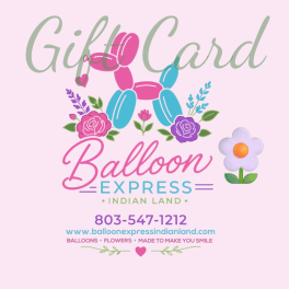 Gift card graphic with balloon dog and flower illustrations on a pink background