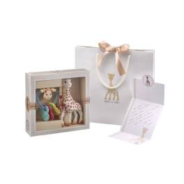 Baby gift set with Sophie la Girafe toy in box, matching gift bag, and folded card