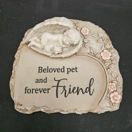 Decorative plaque with sleeping dog and cat and the words "Beloved pet and forever Friend"