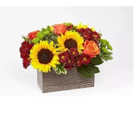 Sunflowers and orange roses in a rectangular wooden box