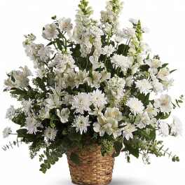 White flowers arranged in a woven basket