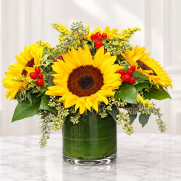 Sunflower arrangement in a glass vase with red berry accents
