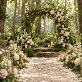 Floral arch with white and blush roses in a wooded outdoor setting