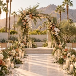 Floral wedding arch and aisle arrangements with candles outdoors