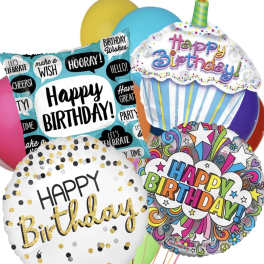 Birthday balloons with colorful printed messages and confetti designs