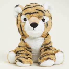Plush tiger stuffed animal sitting against a plain background
