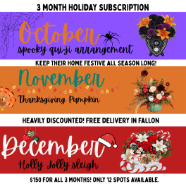 Holiday subscription ad with Halloween, Thanksgiving, and Christmas floral arrangements