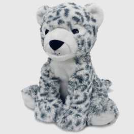 Plush snow leopard stuffed animal sitting on a white background